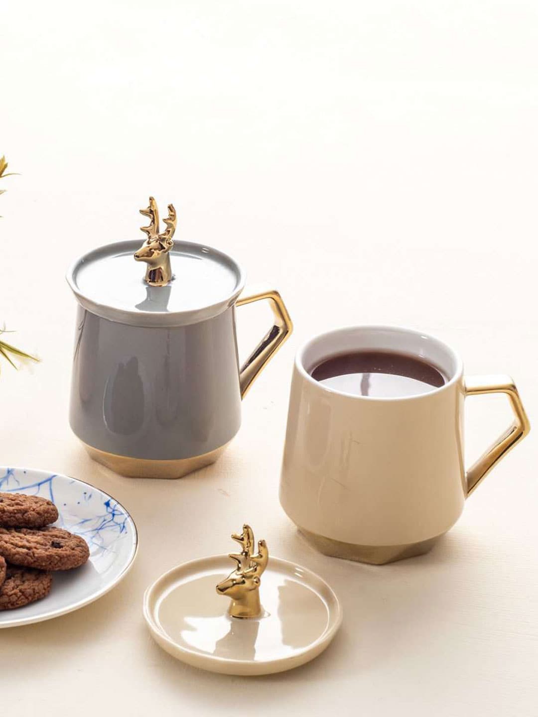 

THEDECORKART Set of 2 Reindeer Grey & Beige Solid Ceramic Mugs