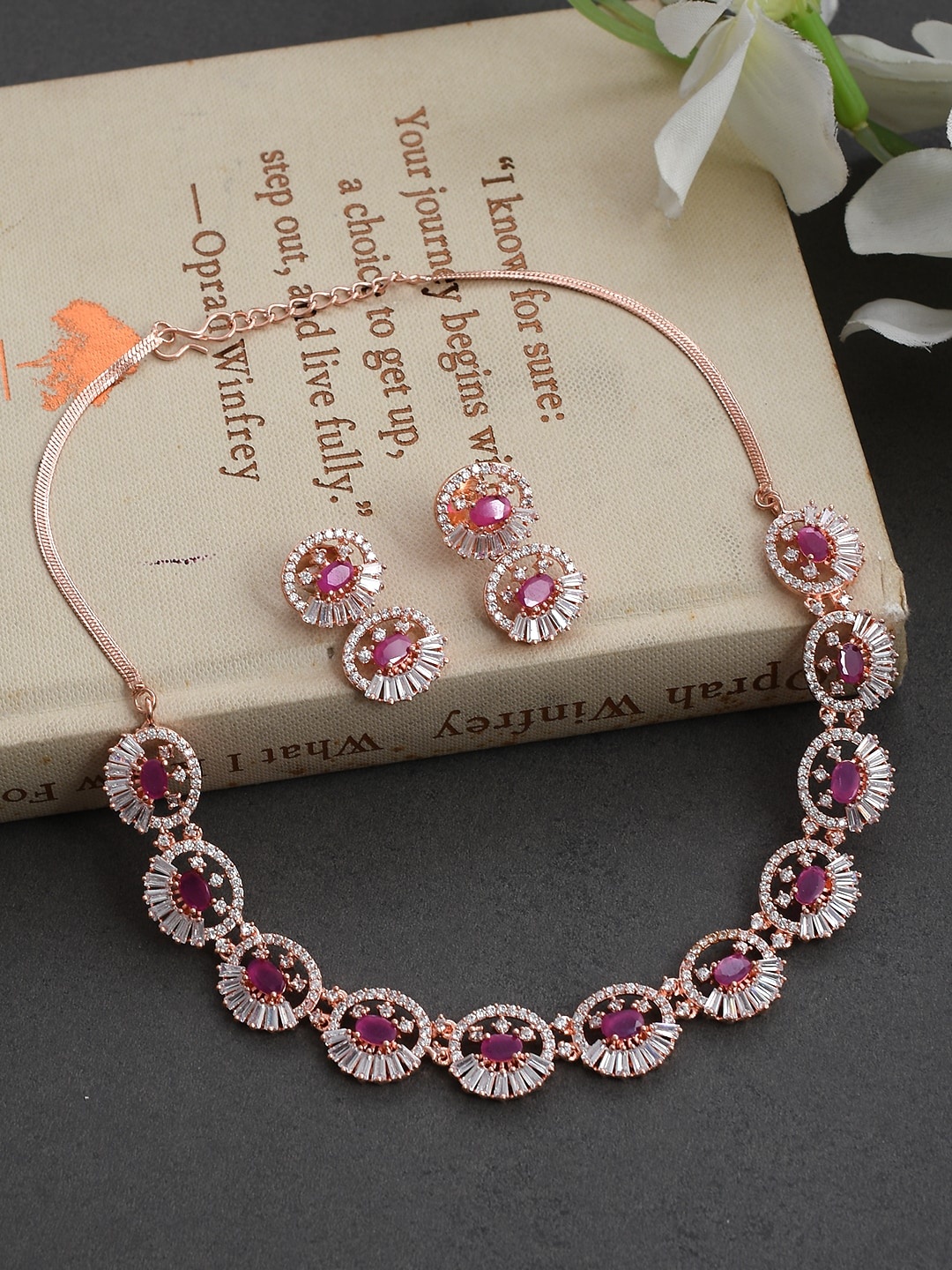 

Silvermerc Designs Rose Gold-Plated White & Pink AD-Studded Vilandi Jewellery Set