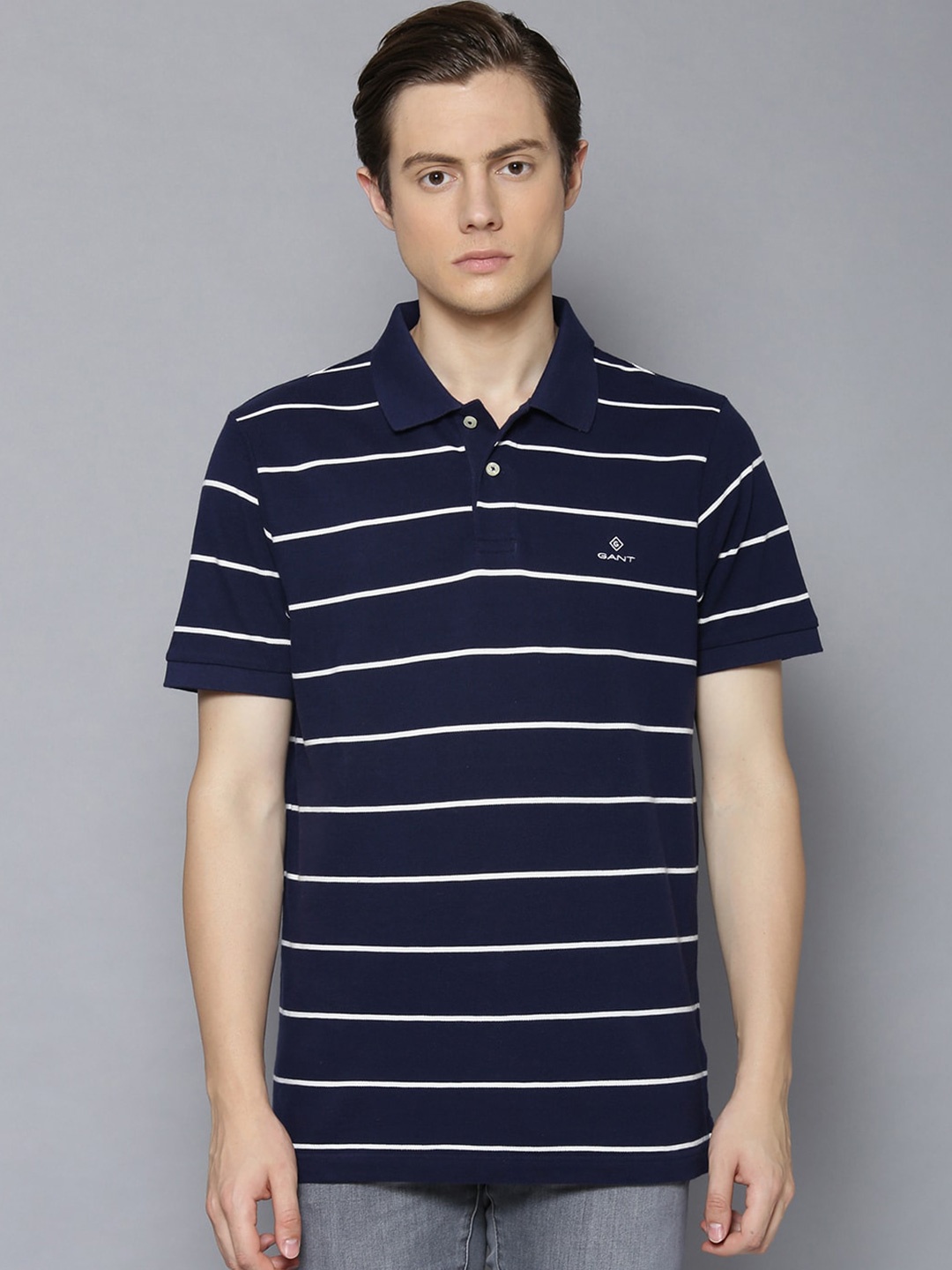 

GANT Men Blue Striped Polo Collar T-shirt