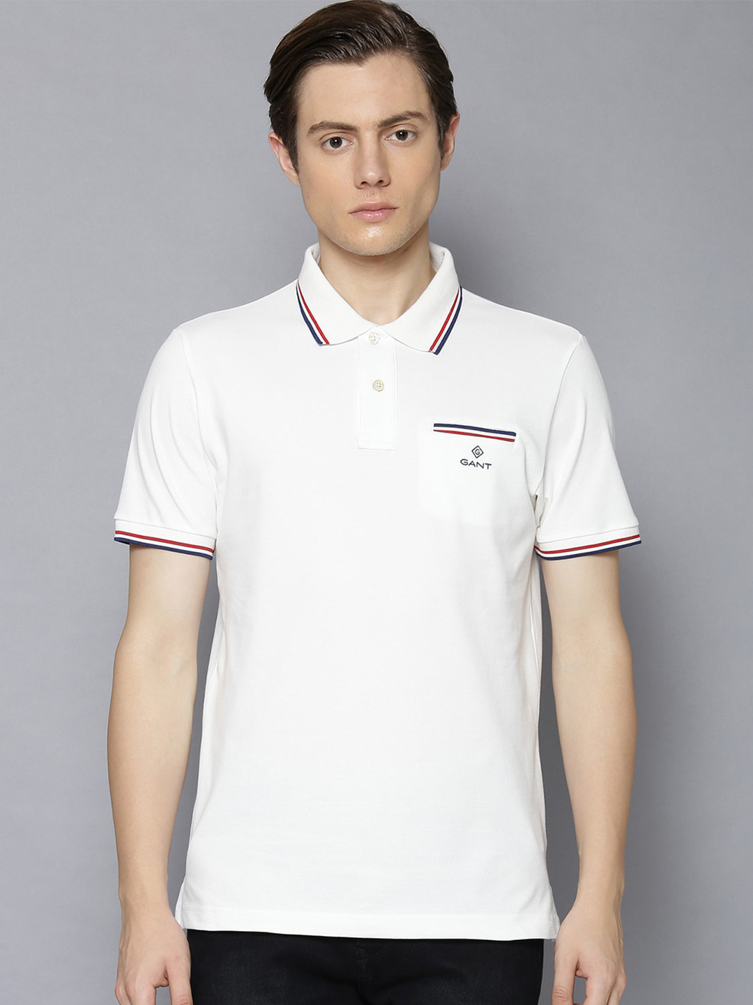 

GANT Men White Solid Polo Collar T-shirt