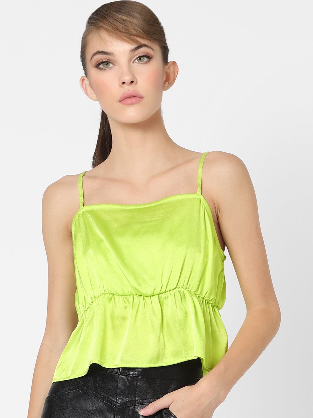 

ONLY Fluorescent Green Shoulder Strap A-Line Satin Crop Top