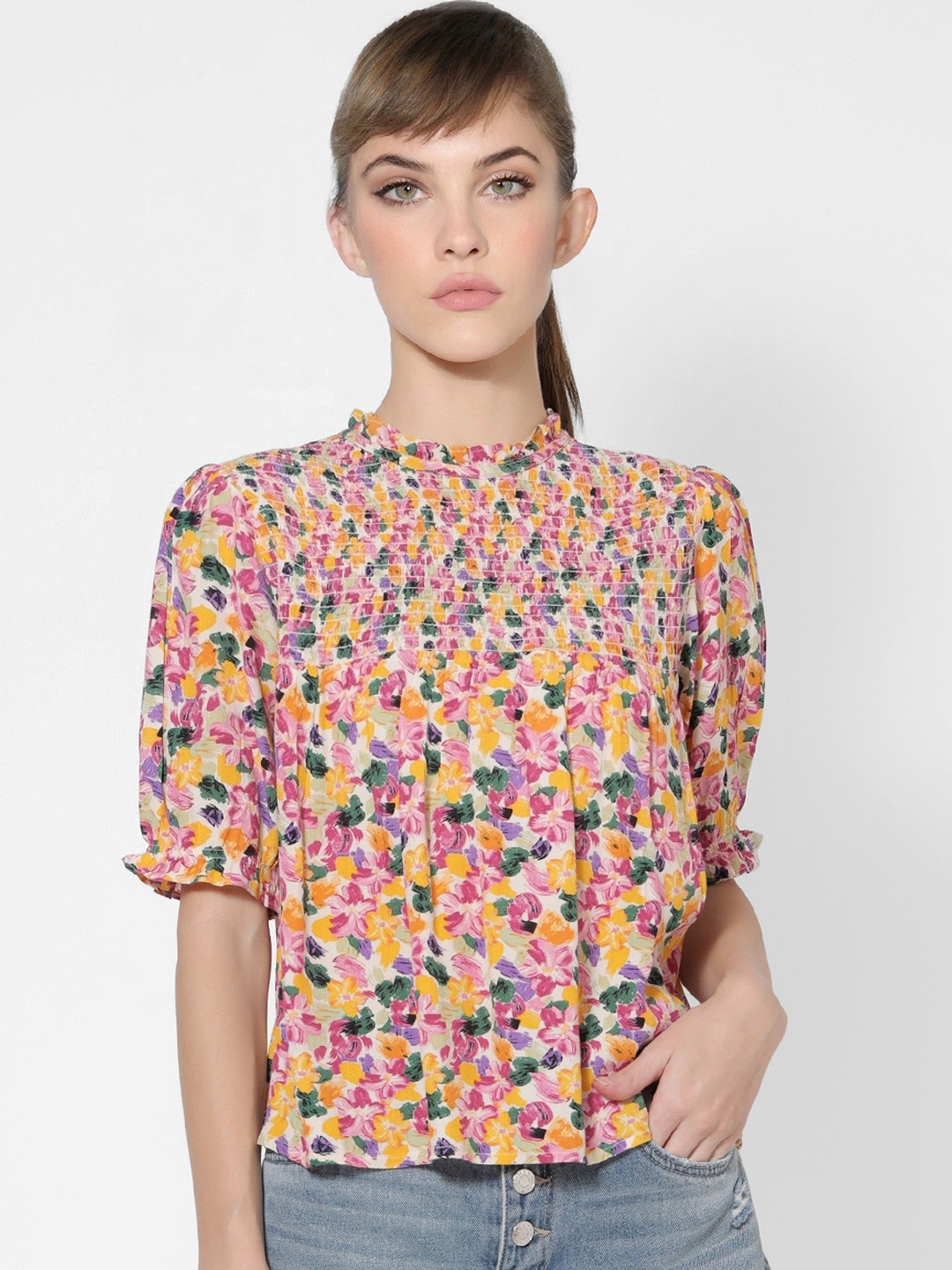 

ONLY Multicoloured Floral Puff Sleeve Smocked Regular Top, Multi