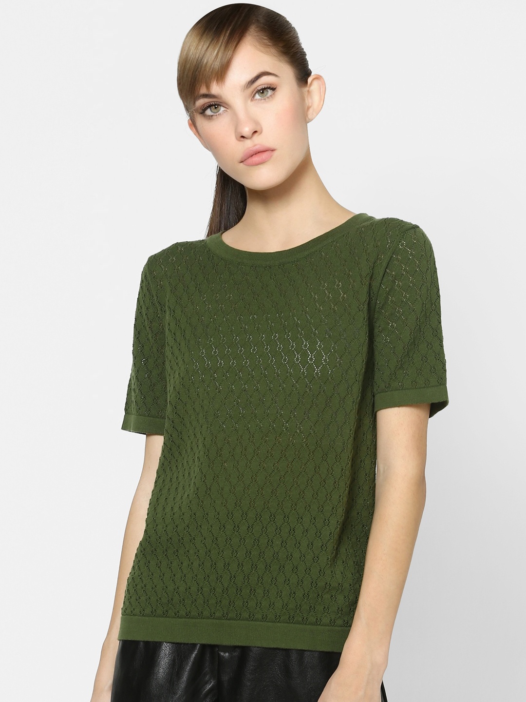 

ONLY Women Green Self-design Round Neck Regular Top