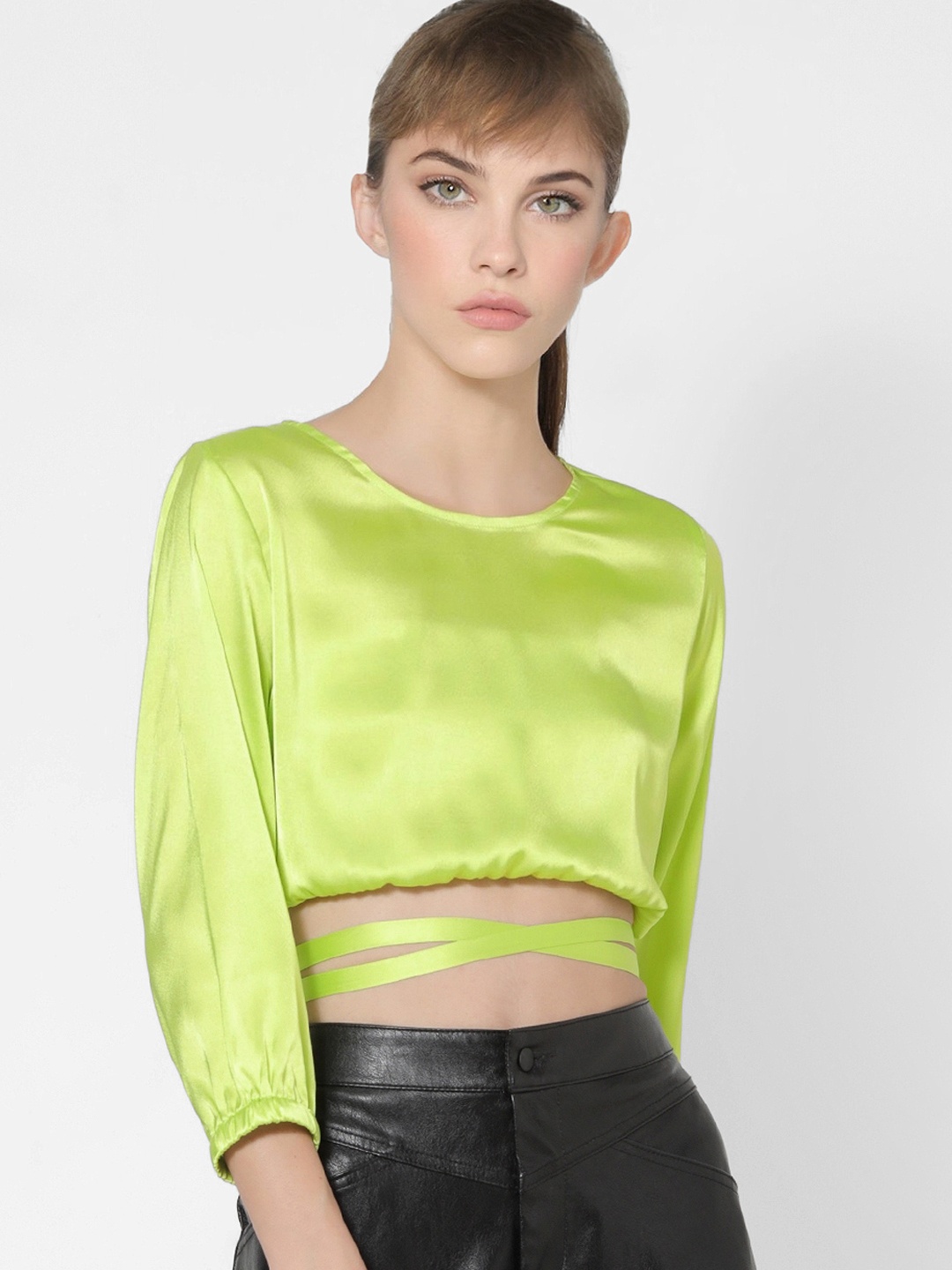 

ONLY Fluorescent Green Puff Sleeve Waist Tie-Up Blouson Crop Top