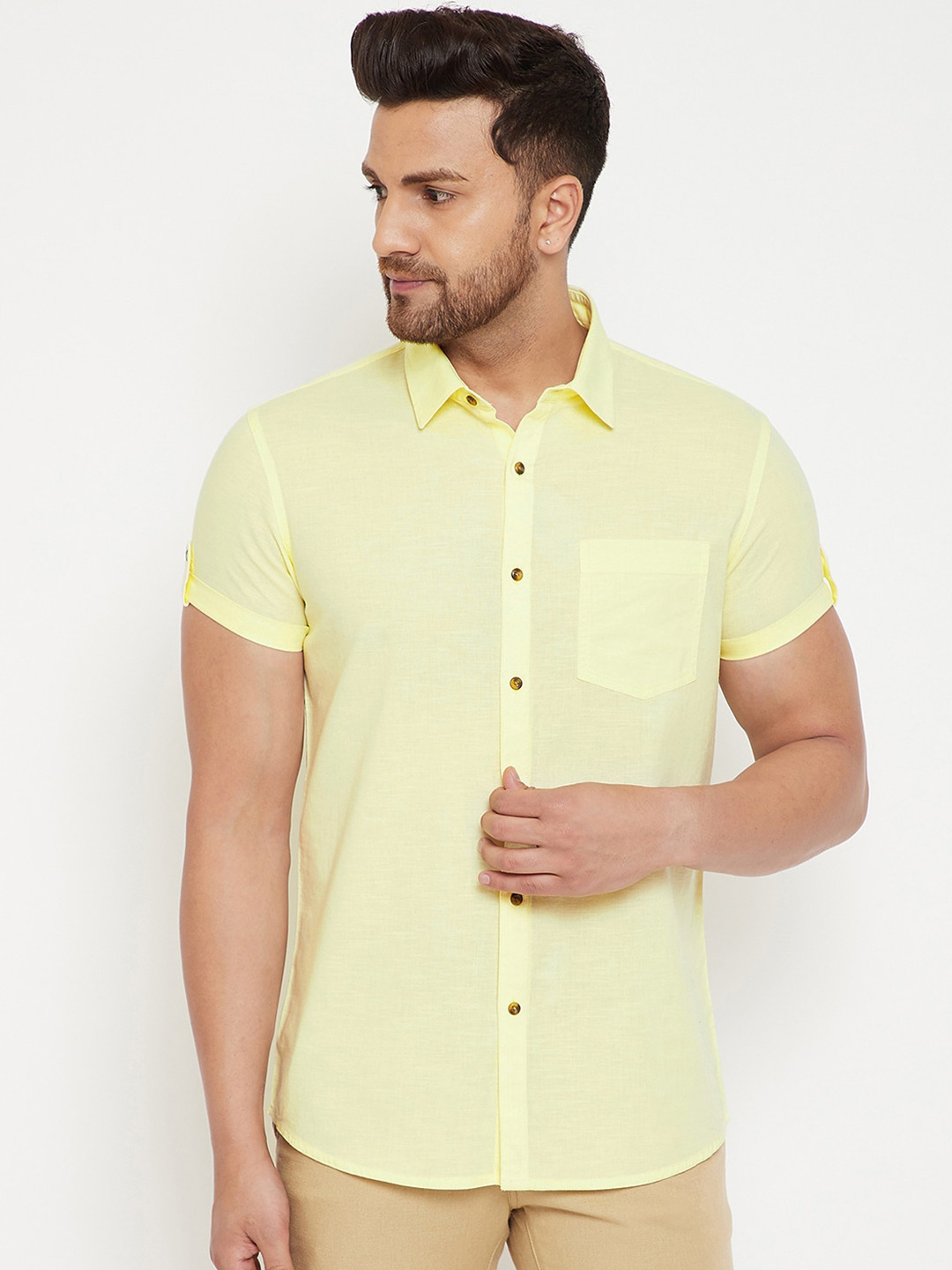 

Canary London Men Yellow Slim Fit Solid Cotton Linen Casual Shirt