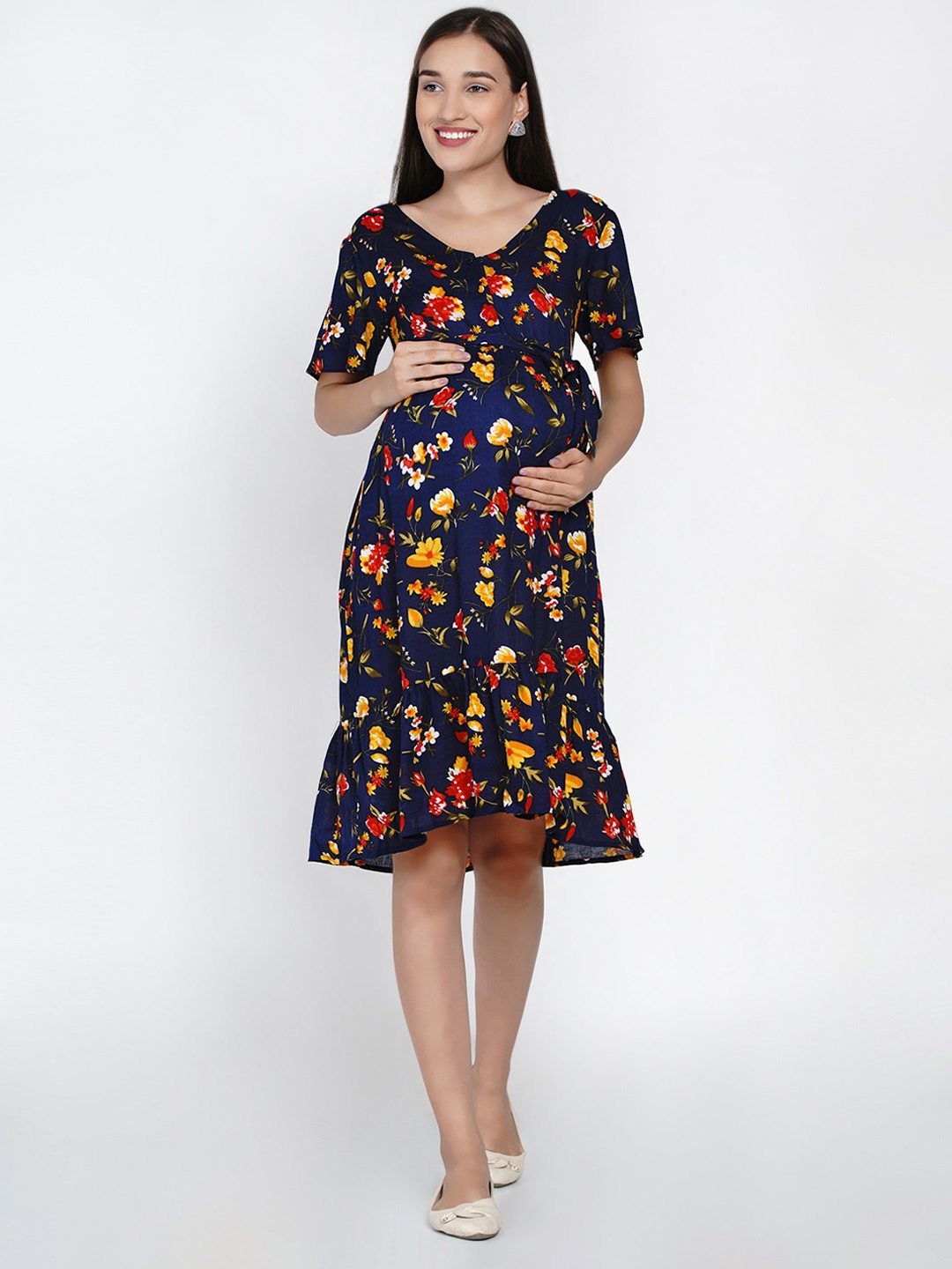 

Mine4Nine Women Navy Blue Printed Fit and Flare Maternity Nursing Maternity Dress
