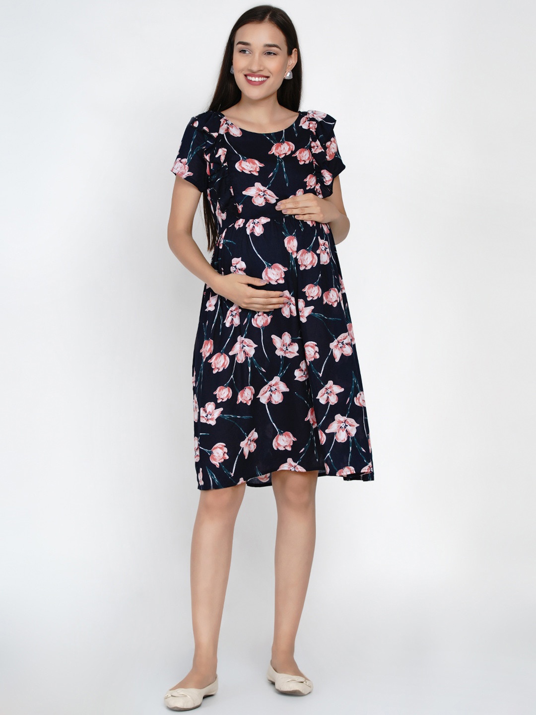 

Mine4Nine Women Navy Blue Printed Fit and Flare Maternity Dress
