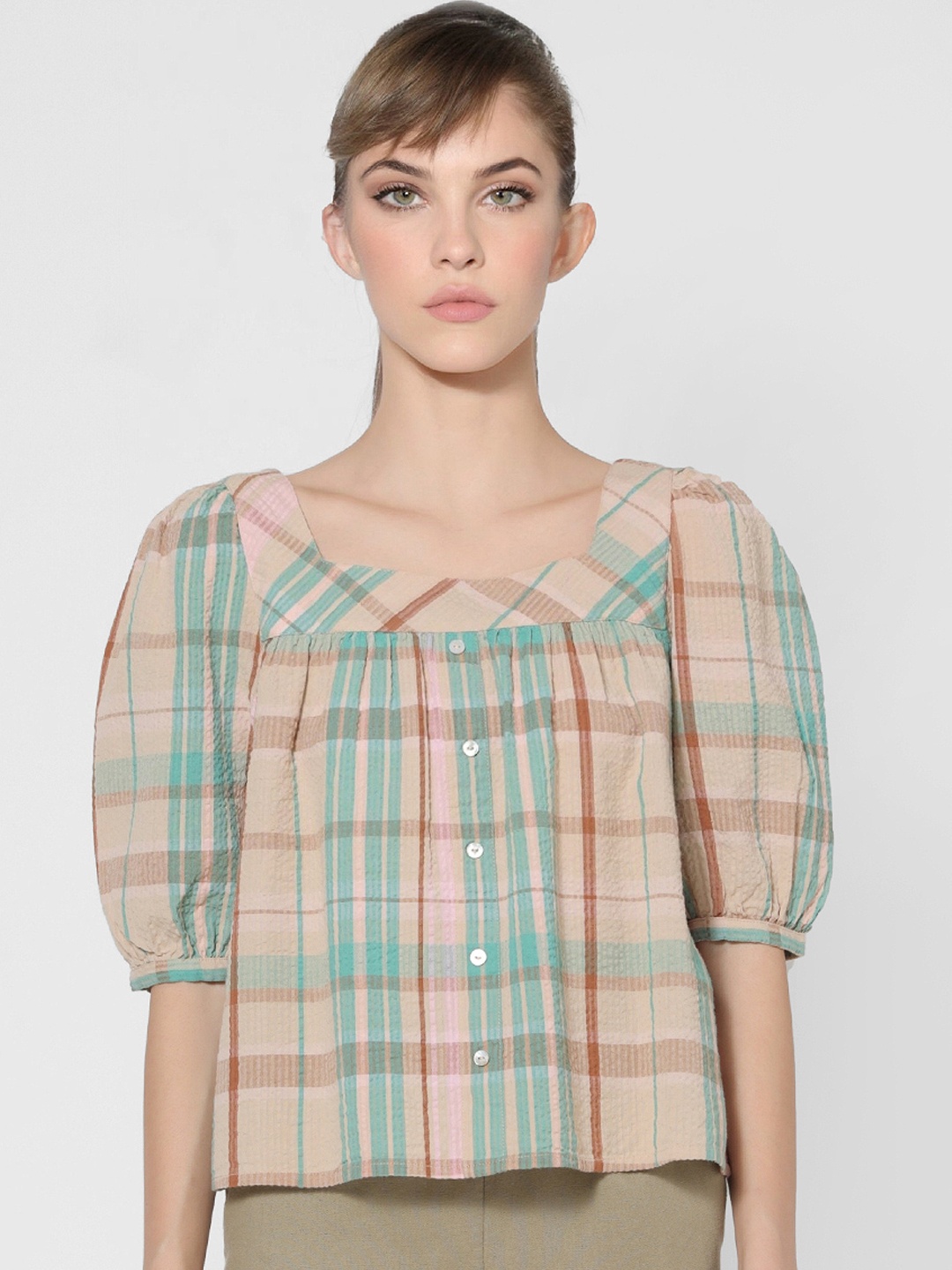 

ONLY Beige & Green Checked Puff Sleeve Regular Top with Gathers