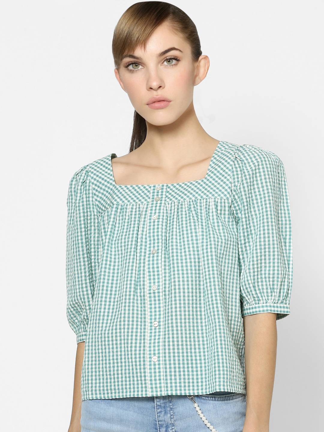 

ONLY White & Turquoise Blue Checked Puff Sleeve Button Detailed Regular Top