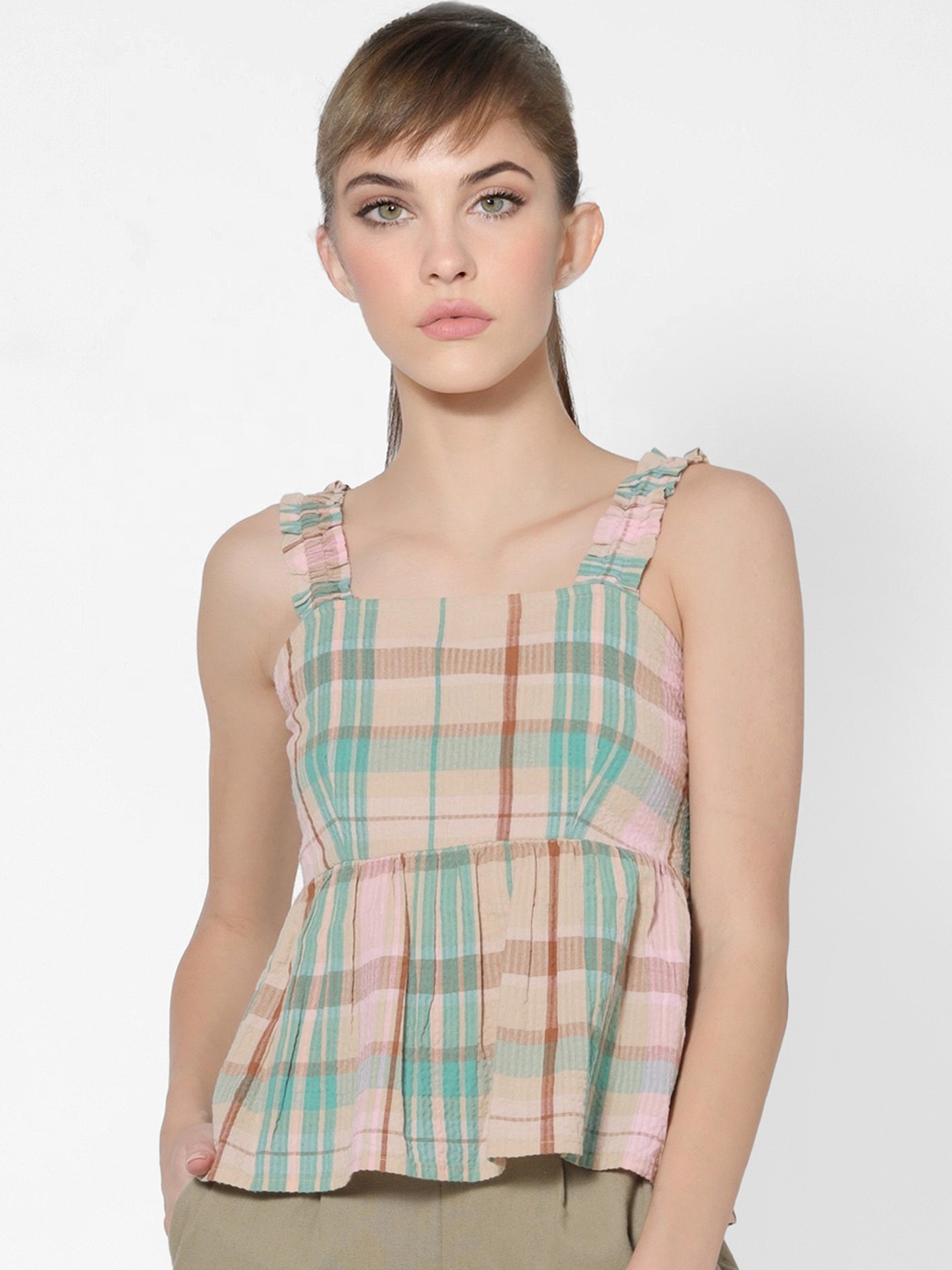 

ONLY Women Beige & Green Checked Shoulder Strap Peplum Top