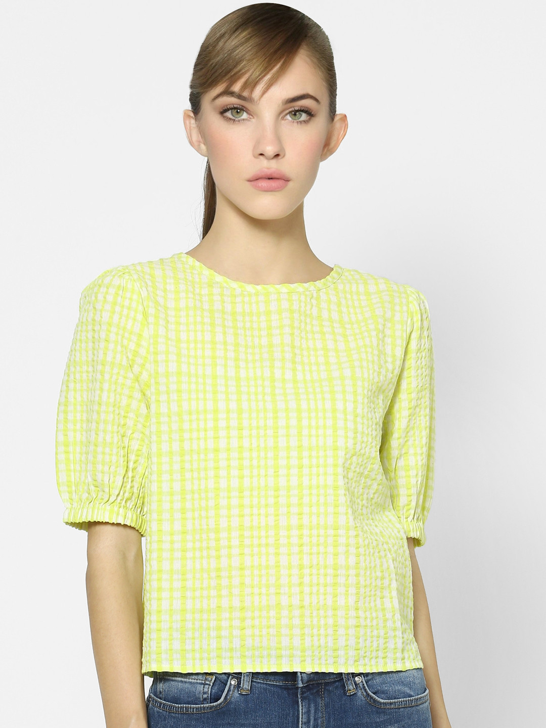 

ONLY Women Yellow & White Checked Puff Sleeve Regular Top