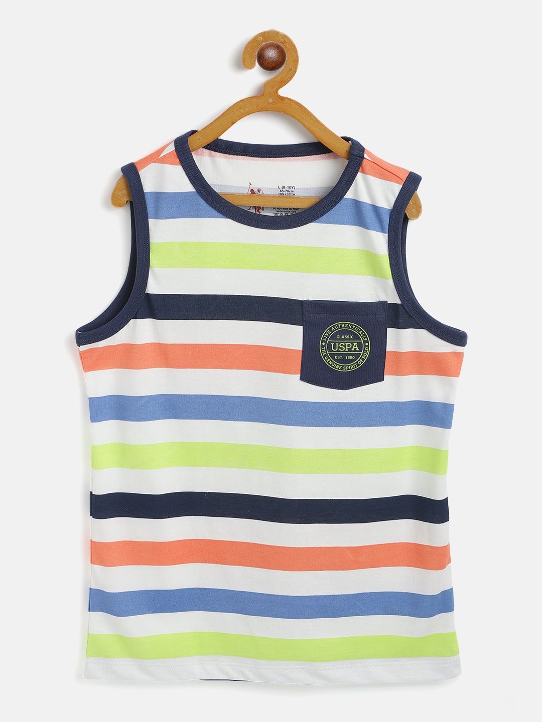 

U.S. Polo Assn. Kids Boys White & Blue Cotton Striped Round Neck Sleeveless T-shirt