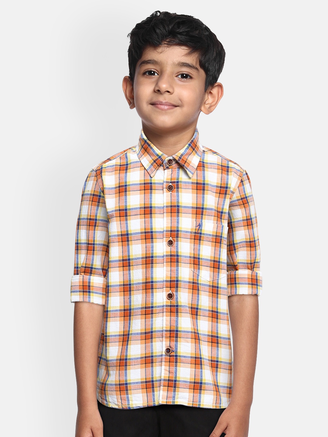 

Indian Terrain Boys Orange & White Regular Fit Checked Pure Cotton Casual Shirt