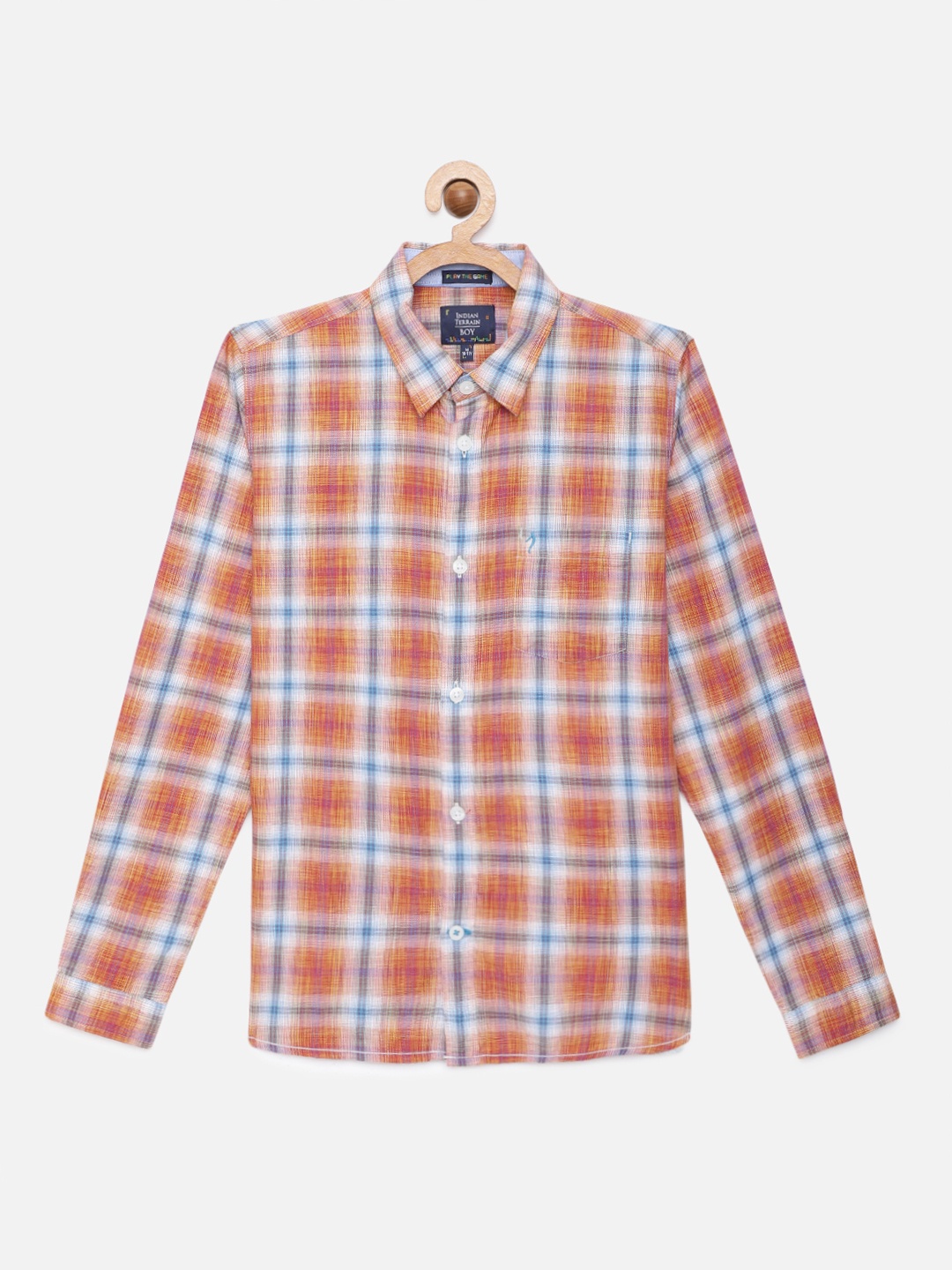 

Indian Terrain Boys Orange & Blue Regular Fit Checked Pure Cotton Casual Shirt