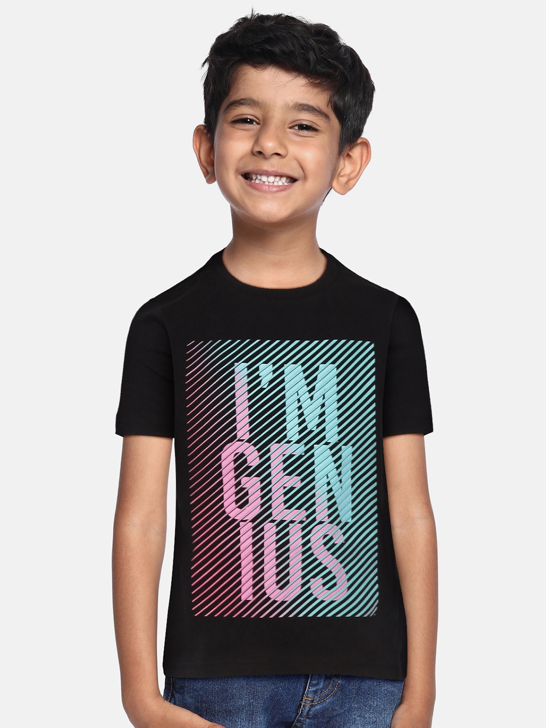 

Indian Terrain Boys Black & Turquoise Blue Printed Pure Cotton T-shirt