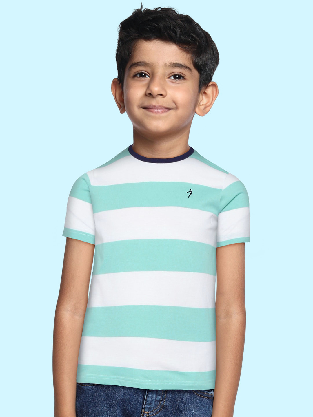

Indian Terrain Boys Sea Green & White Striped Pure Cotton T-shirt
