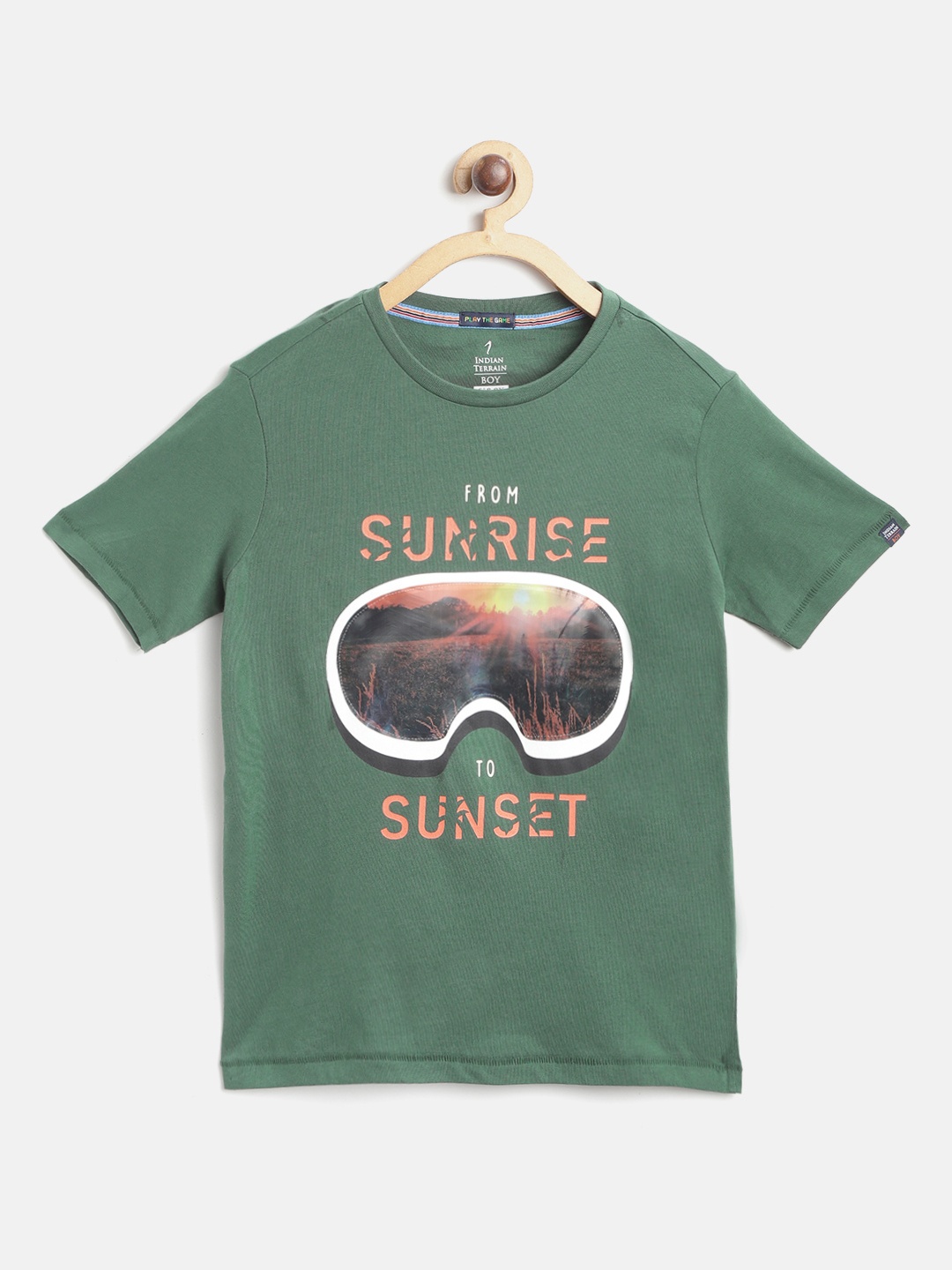 

Indian Terrain Boys Olive Green & Orange Hologram Applique Cotton T-shirt