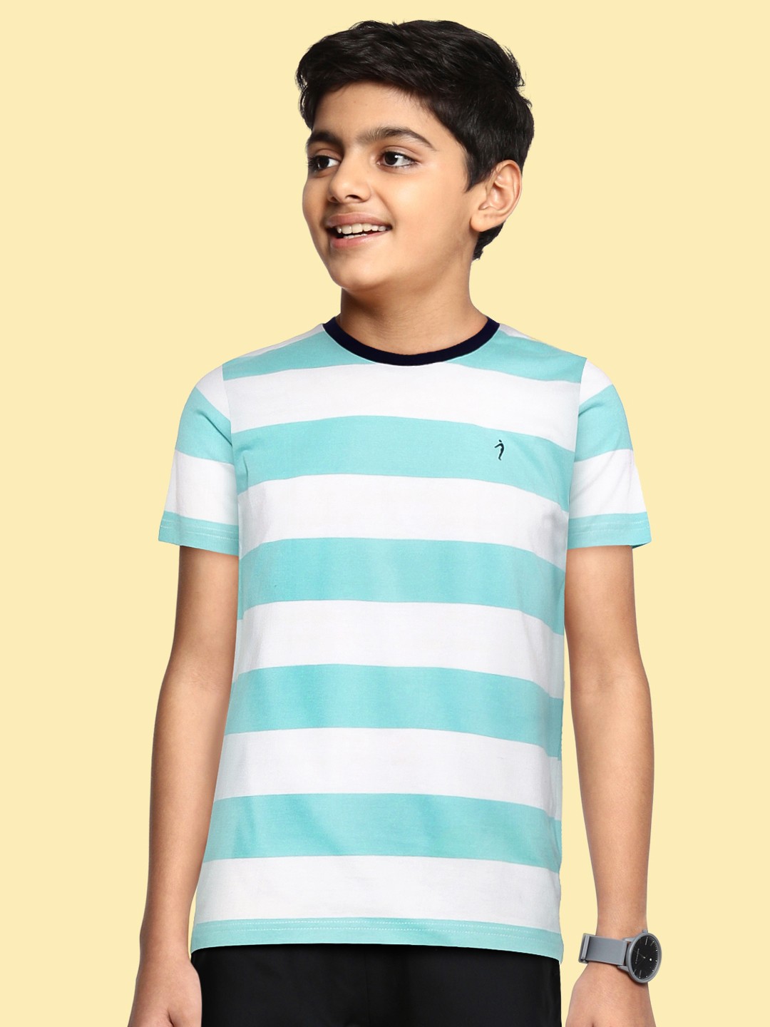 

Indian Terrain Boys White & Green Striped Pure Cotton T-shirt