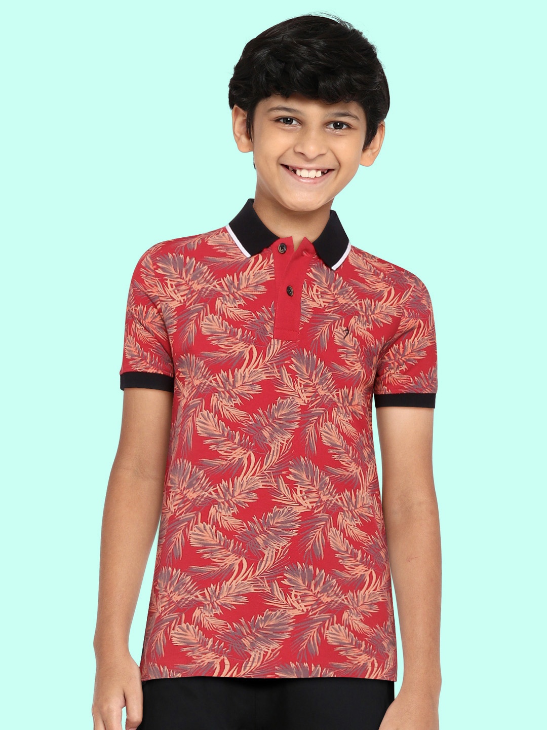 

Indian Terrain Boys Red & Orange Tropical Printed Polo Collar Pure Cotton T-shirt
