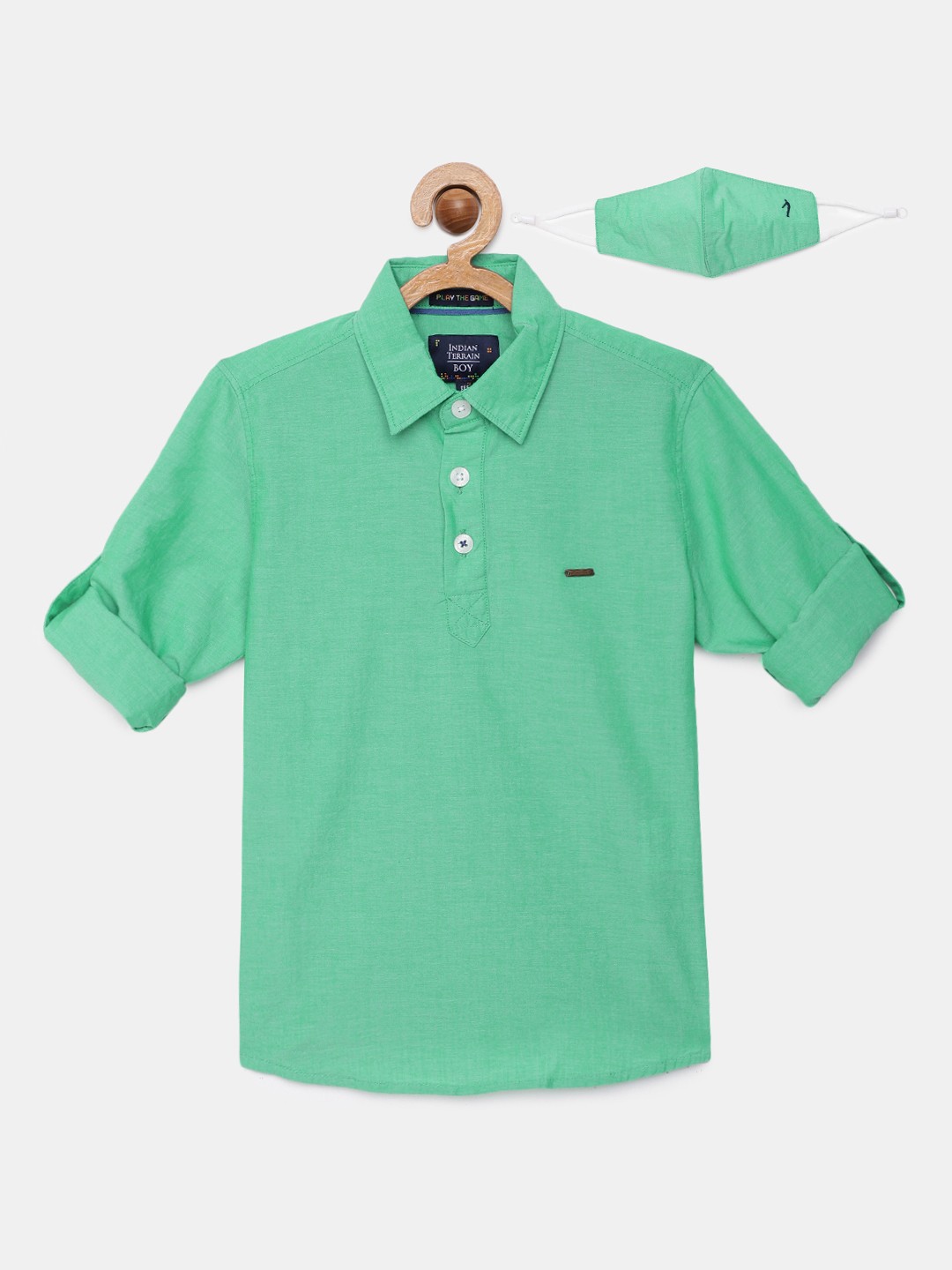 

Indian Terrain Boys Sea Green Regular Fit Solid Pure Cotton Casual Shirt with Face Mask