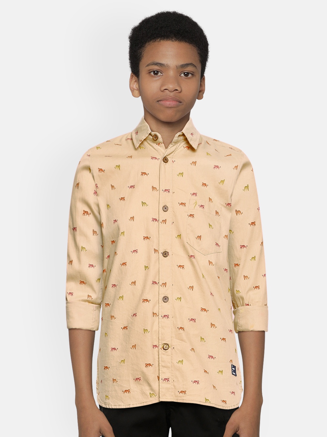 

Indian Terrain Boys Beige Printed Regular Fit Pure Cotton Casual Shirt