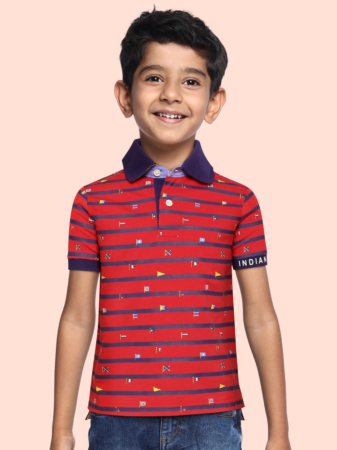 

Indian Terrain Boys Red & Navy Blue Striped Polo Collar Pure Cotton T-shirt