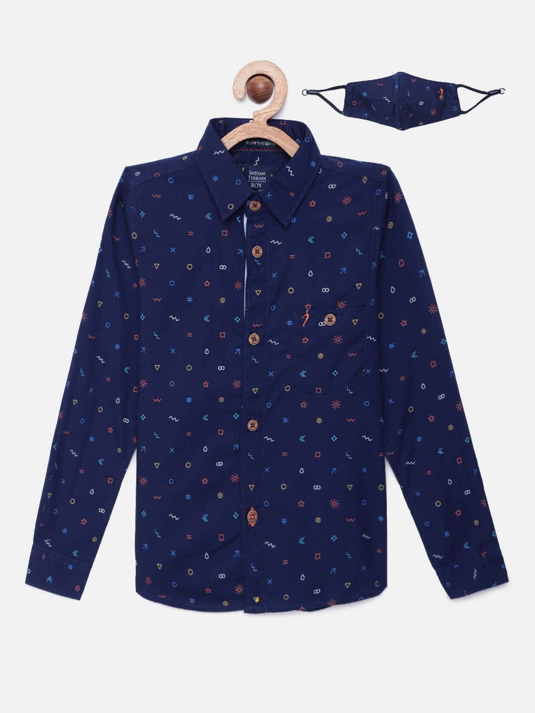 

Indian Terrain Boys Blue Printed Pure Cotton Casual Shirt With Mask
