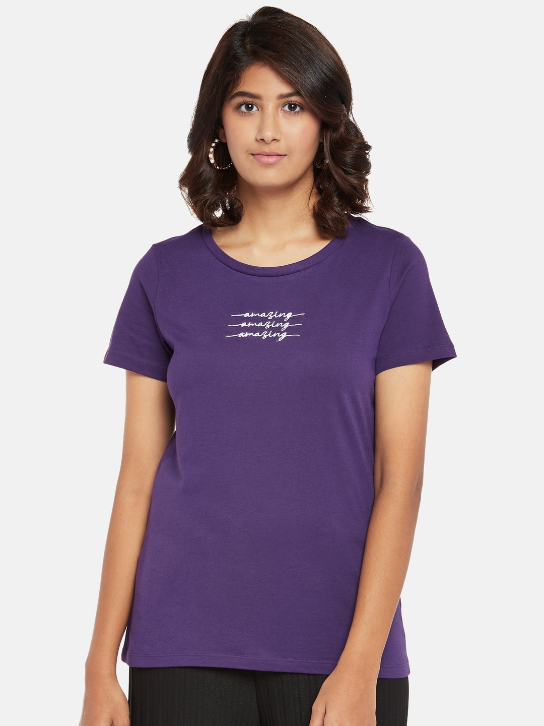 

Honey by Pantaloons Women Violet Printed Cotton Round Neck Pure Cotton T-shirt