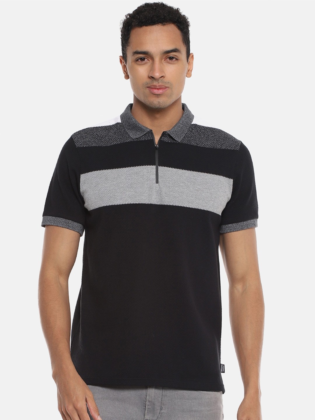 

Campus Sutra Men Black & Grey Colourblocked Polo Collar T-shirt