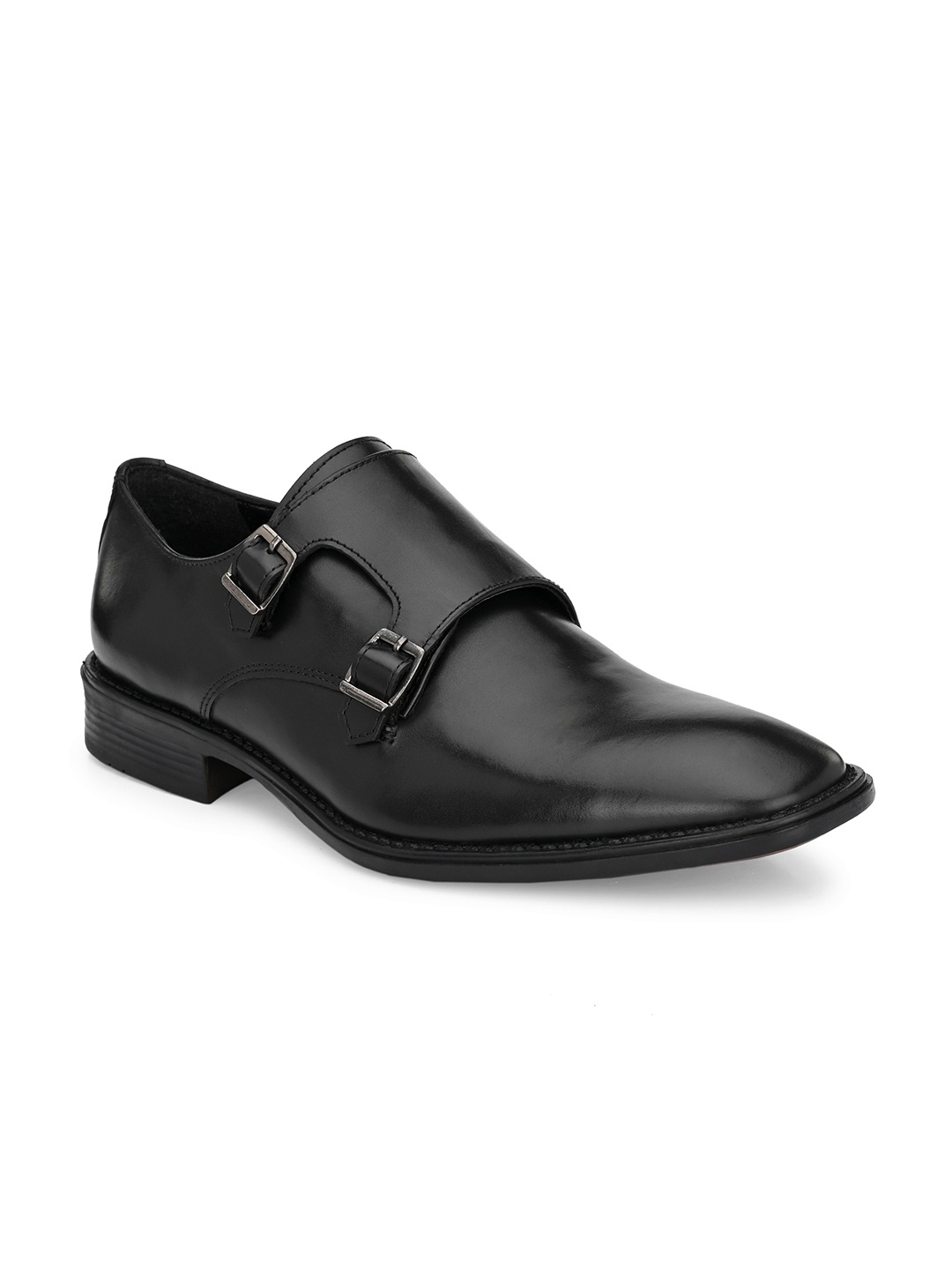 

CARLO ROMANO Men Black Solid Leather Formal Monk Shoes