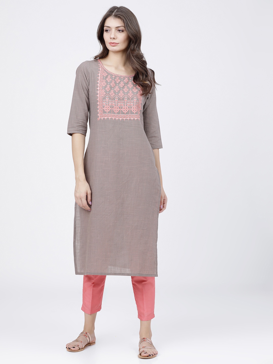 Vishudh Women Grey & Coral Pink Ethnic Motifs Yoke Design Kurta