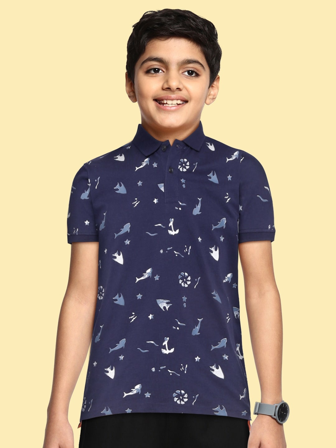 

Indian Terrain Boys Blue & White Pure Cotton Shark Print Polo Collar T-shirt