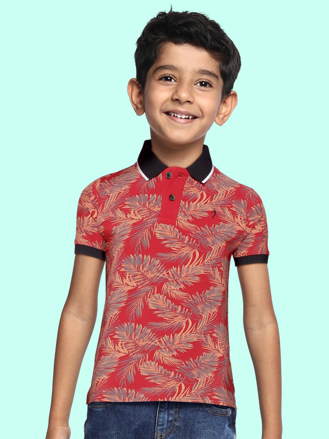 

Indian Terrain Boys Red & Orange Tropical Printed Polo Collar Pure Cotton T-shirt