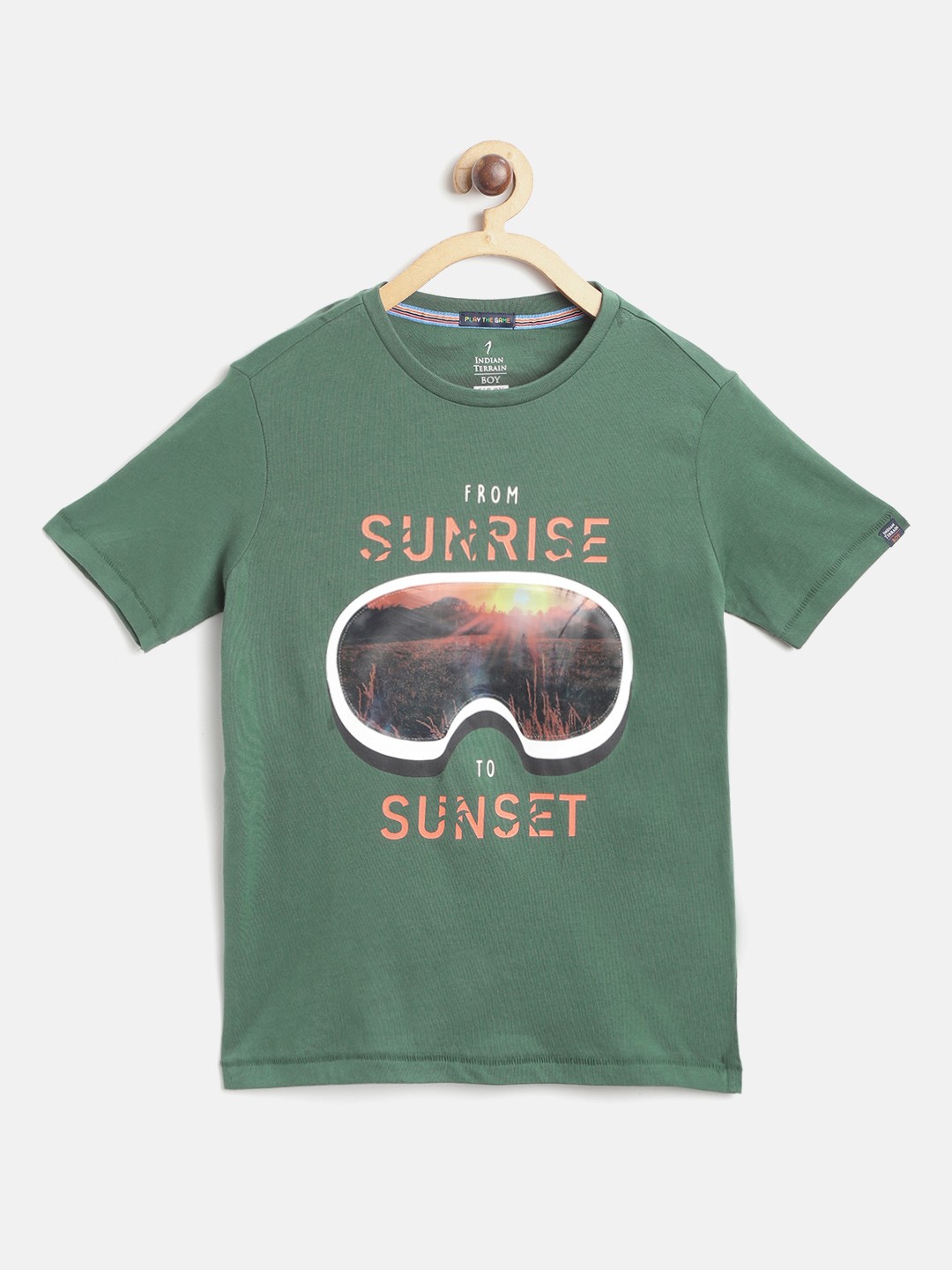 

Indian Terrain Boys Olive Green & Orange Hologram Applique Cotton T-shirt