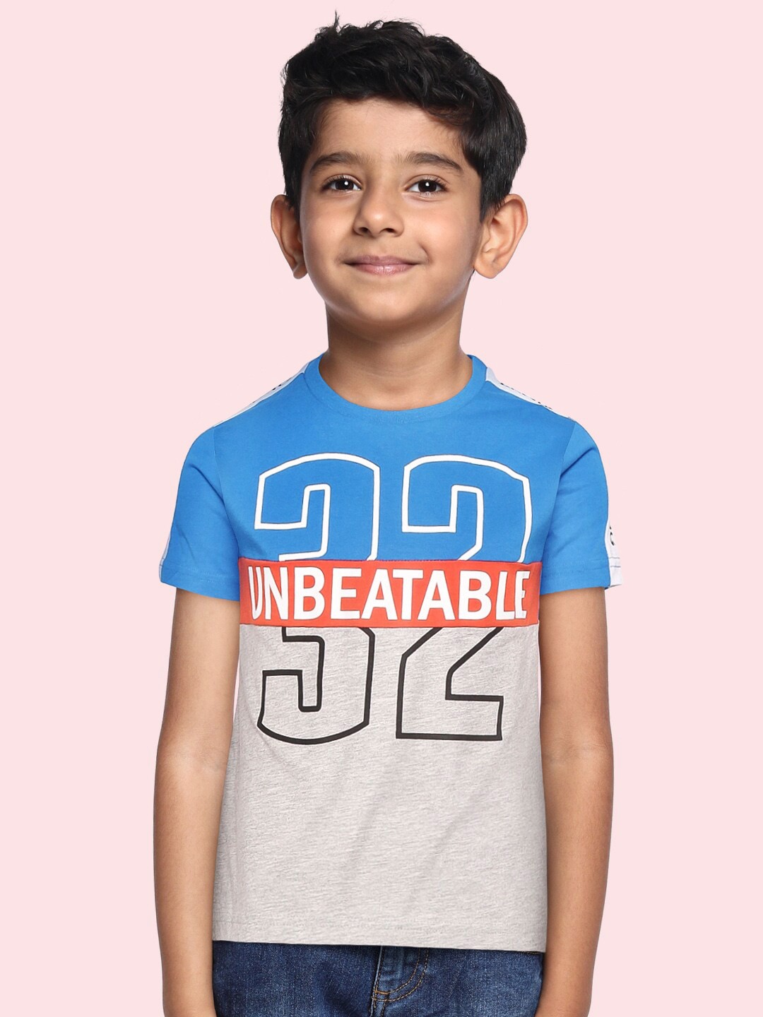 

Indian Terrain Boys Blue & Grey Pure Cotton Colourblocked T-shirt