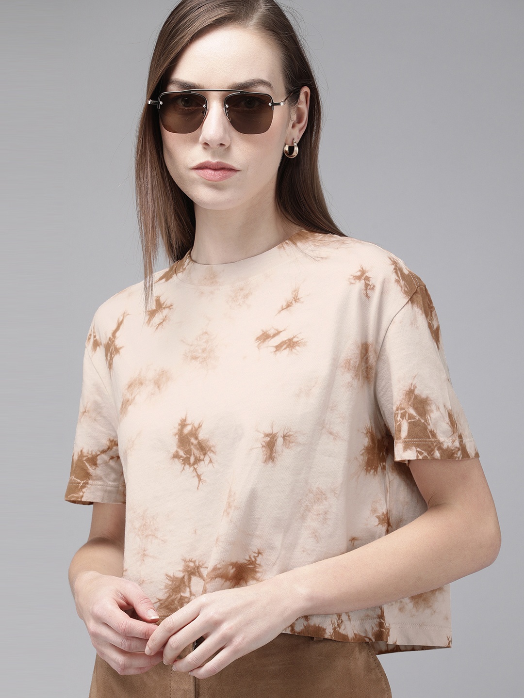 

ONLY Women Beige Brown Tie and Dye Organic Cotton Boxy Organic Cotton T-shirt