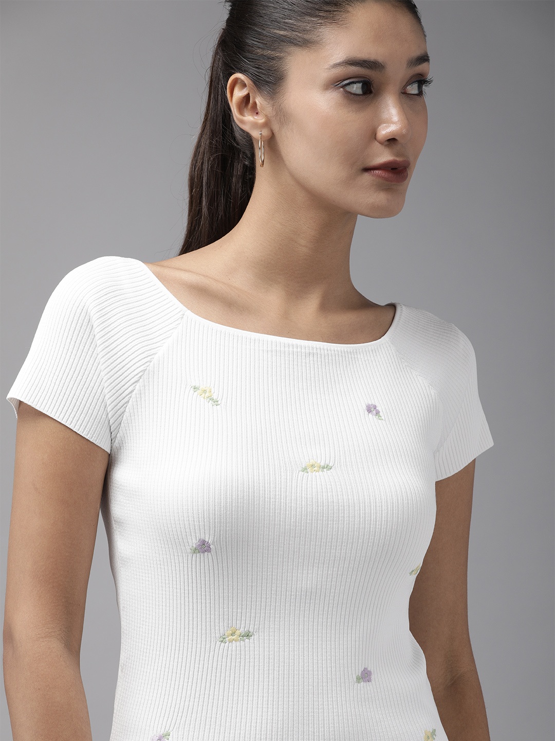 

ONLY Women White & Lavender Ribbed Floral Embroidered T-shirt