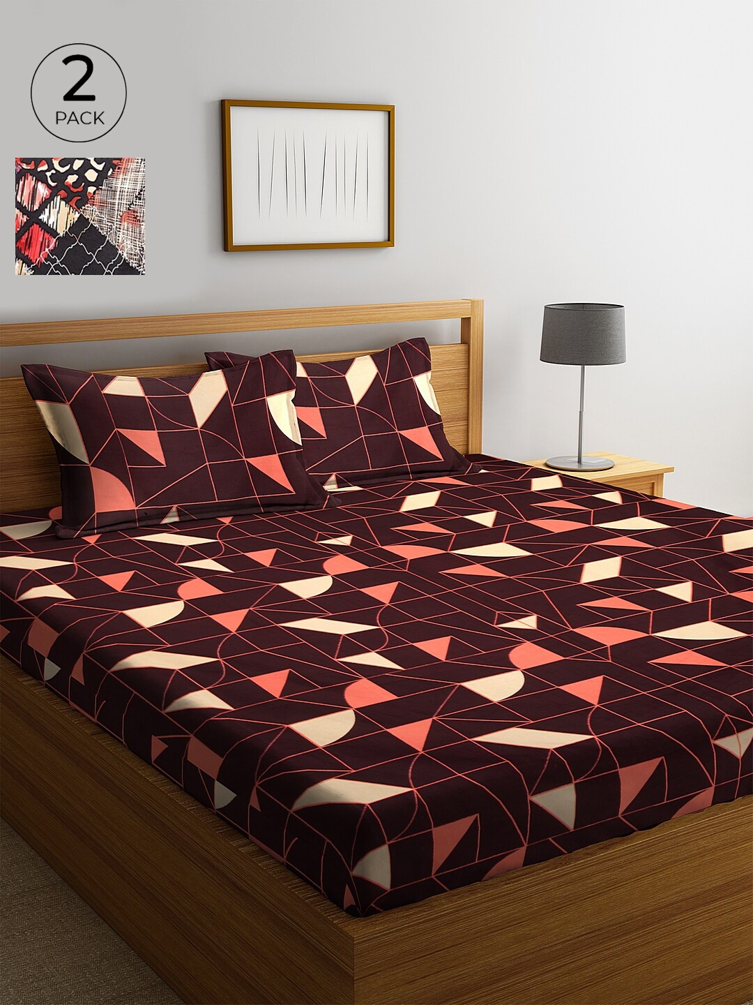 

KLOTTHE Maroon & Peach-Coloured Geometric 210 TC Cotton 2 King Bedsheet with 4 Pillow Covers