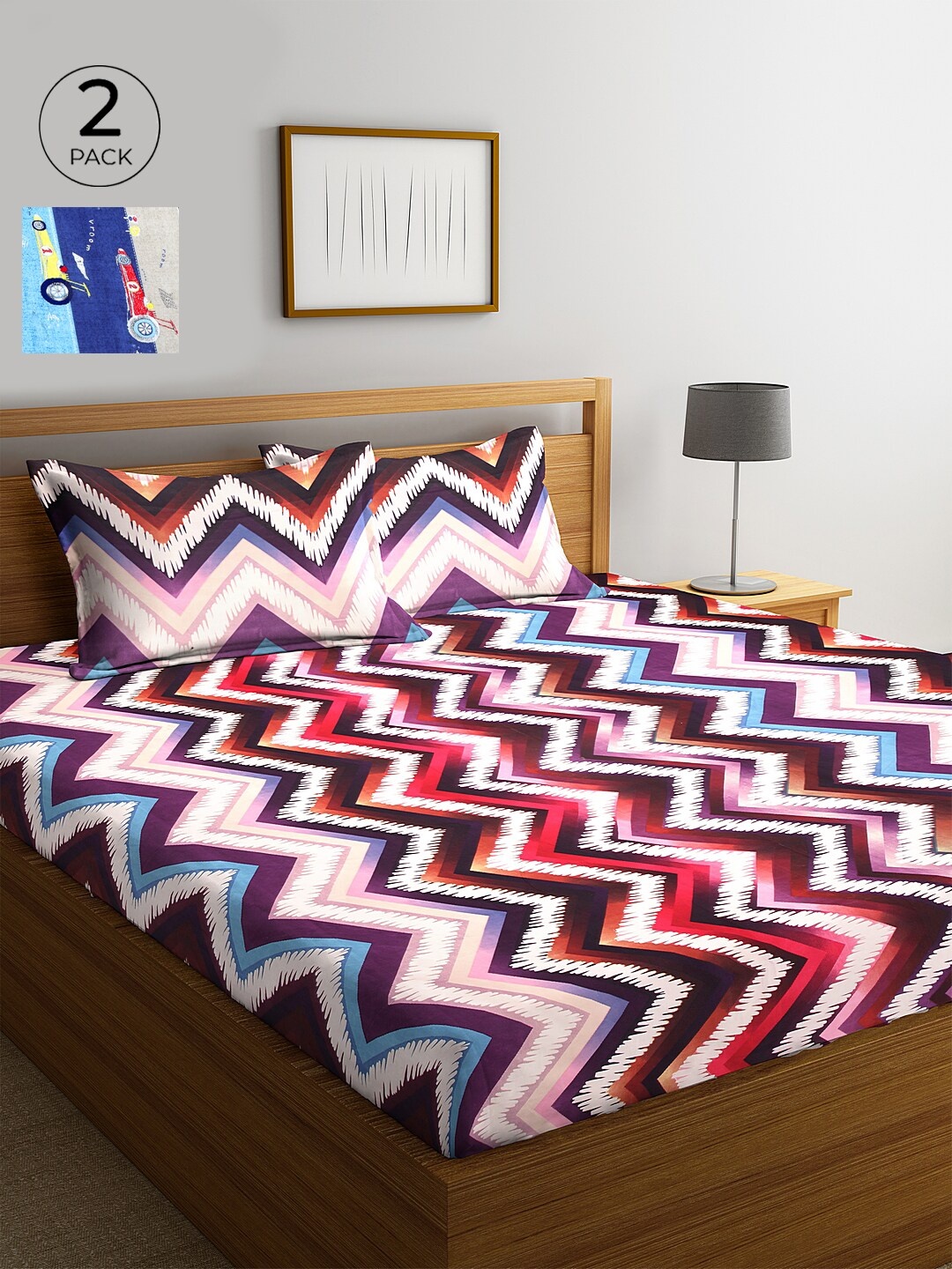 

KLOTTHE Multicoloured & Purple Geometric 210 TC Cotton 2 King Bedsheet with 4 Pillow Covers, Multi