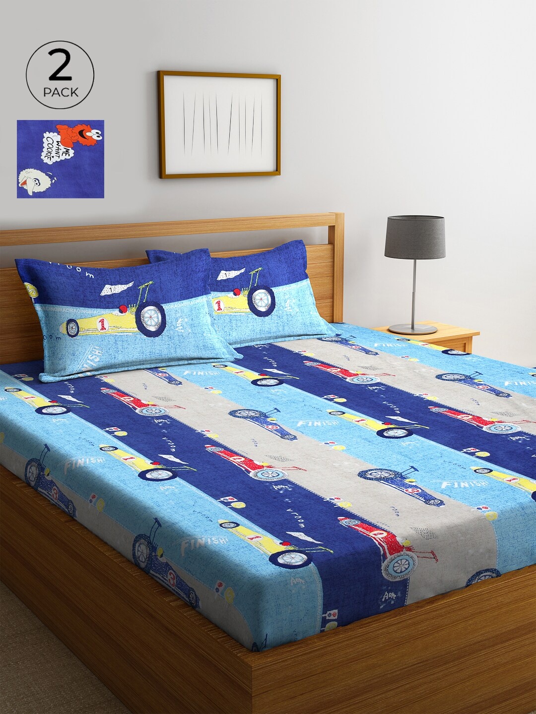 

KLOTTHE Blue & Red Graphic 210 TC Cotton 2 King Bedsheet with 4 Pillow Covers