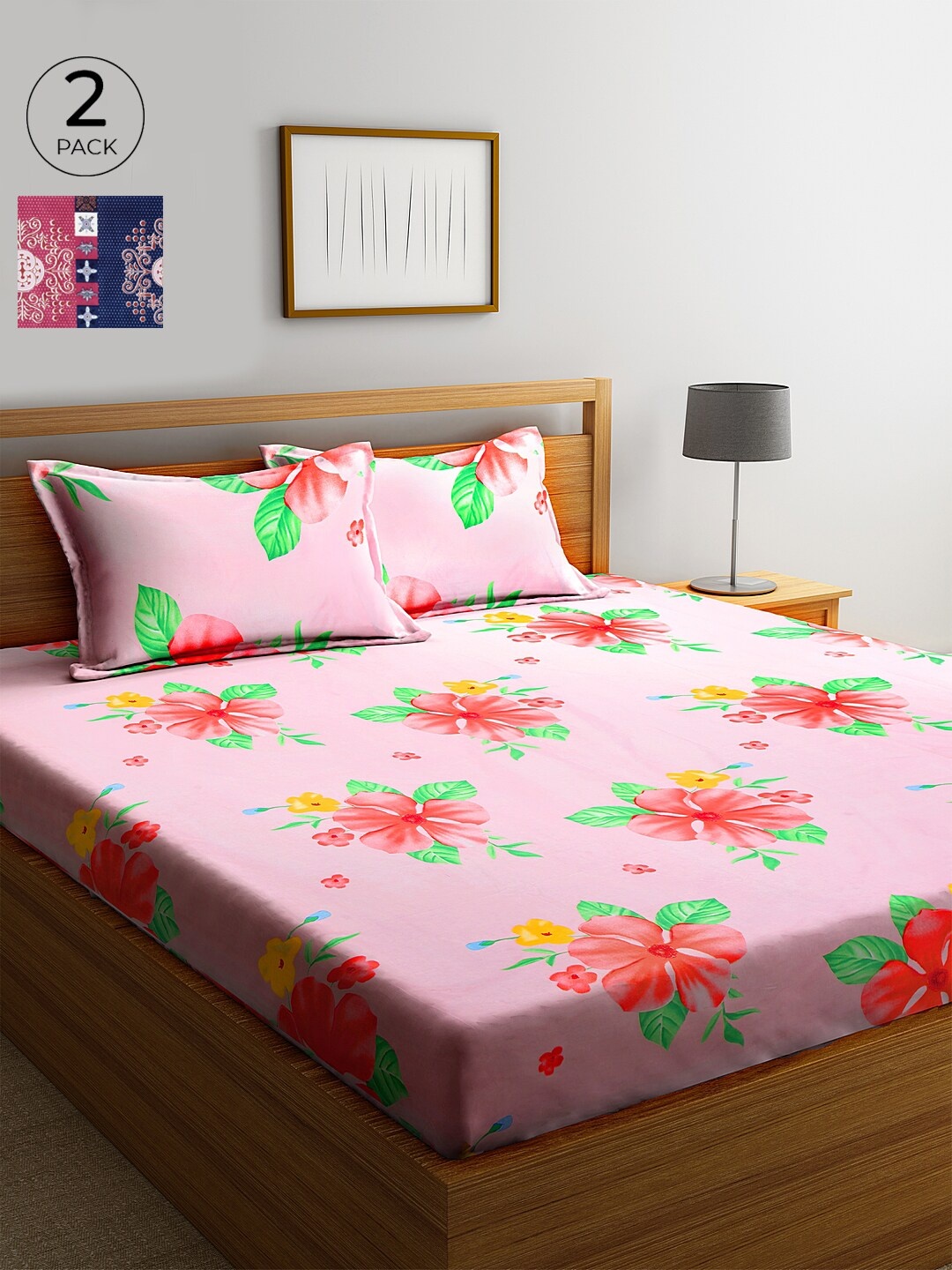 

KLOTTHE Pink & Blue Floral 210 TC Cotton 2 King Bedsheet with 4 Pillow Covers