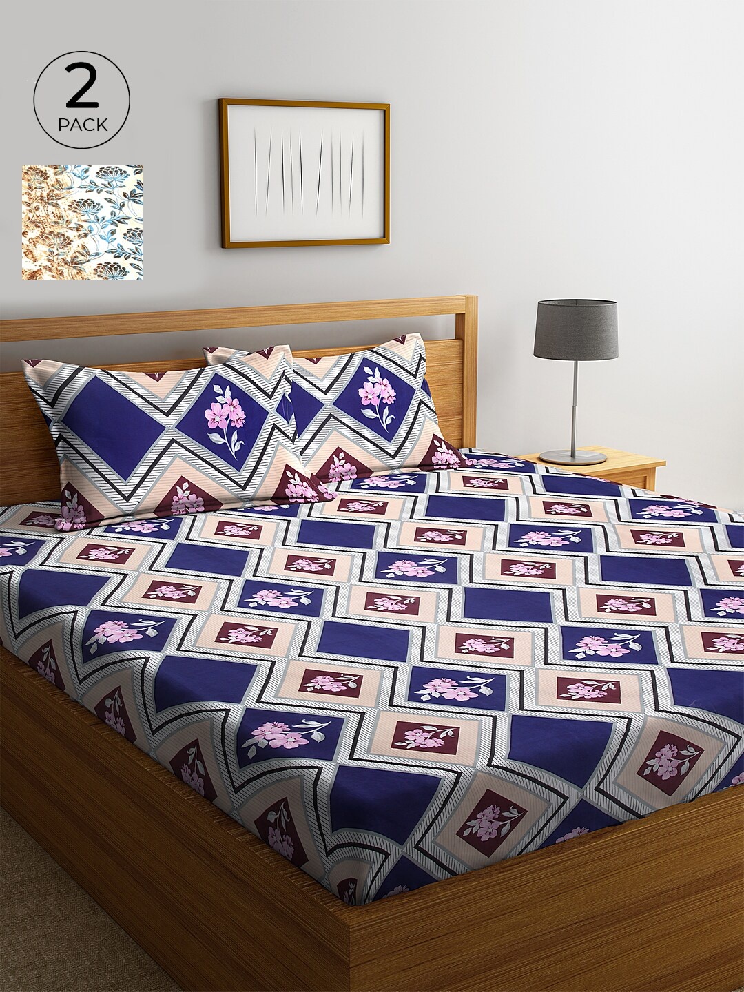 

KLOTTHE Blue & Brown Geometric 210 TC Cotton 2 King Bedsheet with 4 Pillow Covers