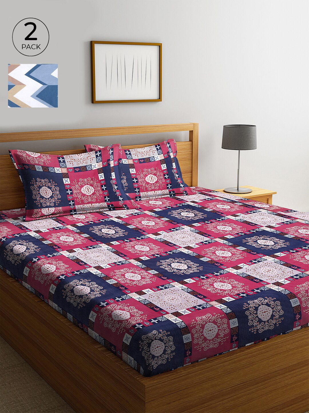 

KLOTTHE Pack of 2 Pink & Blue 210 TC Cotton 2 King Bedsheet with 4 Pillow Covers
