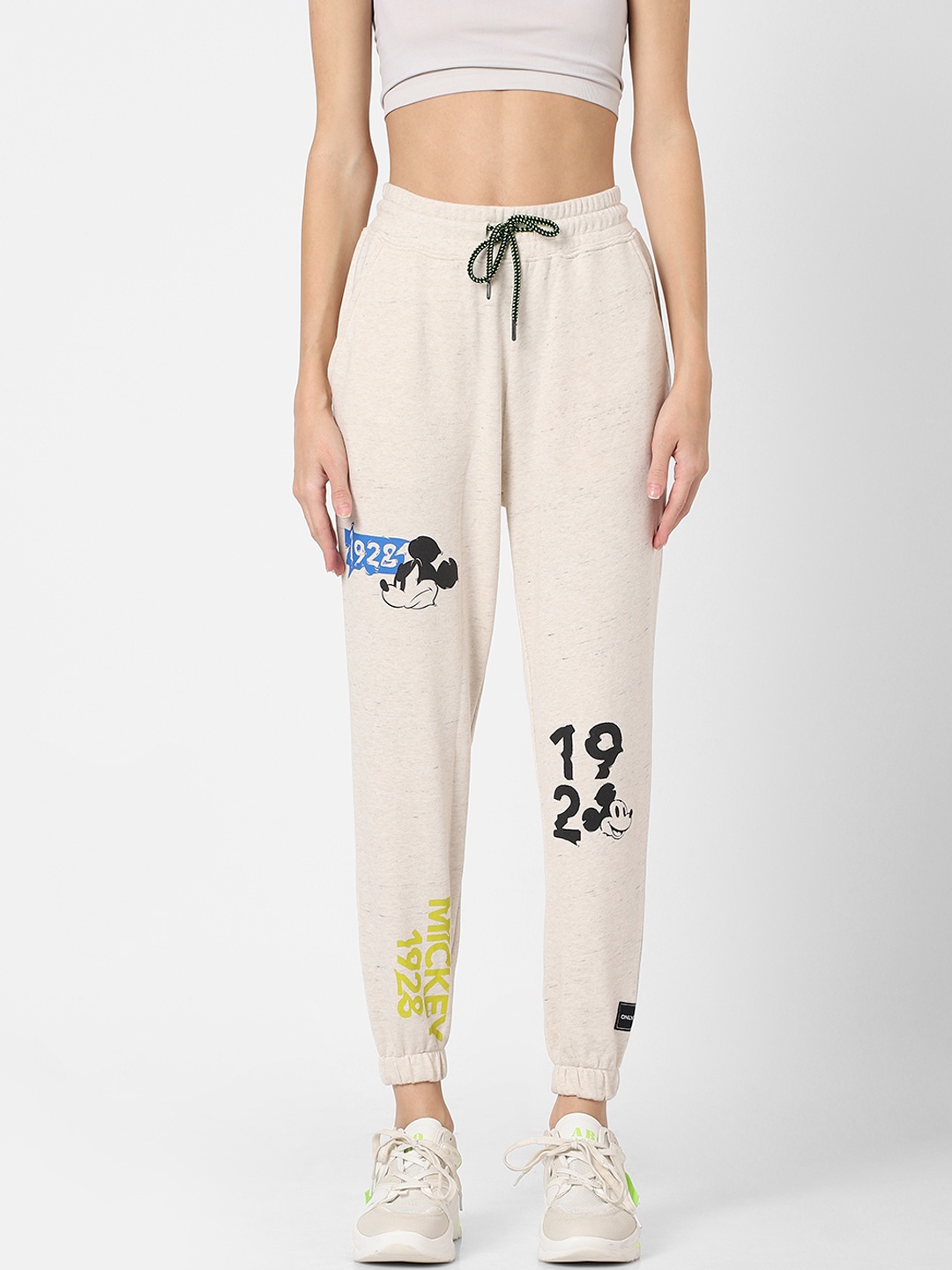 

ONLY Women Off White Mickey Mouse Printed Pleated Regular Trousers