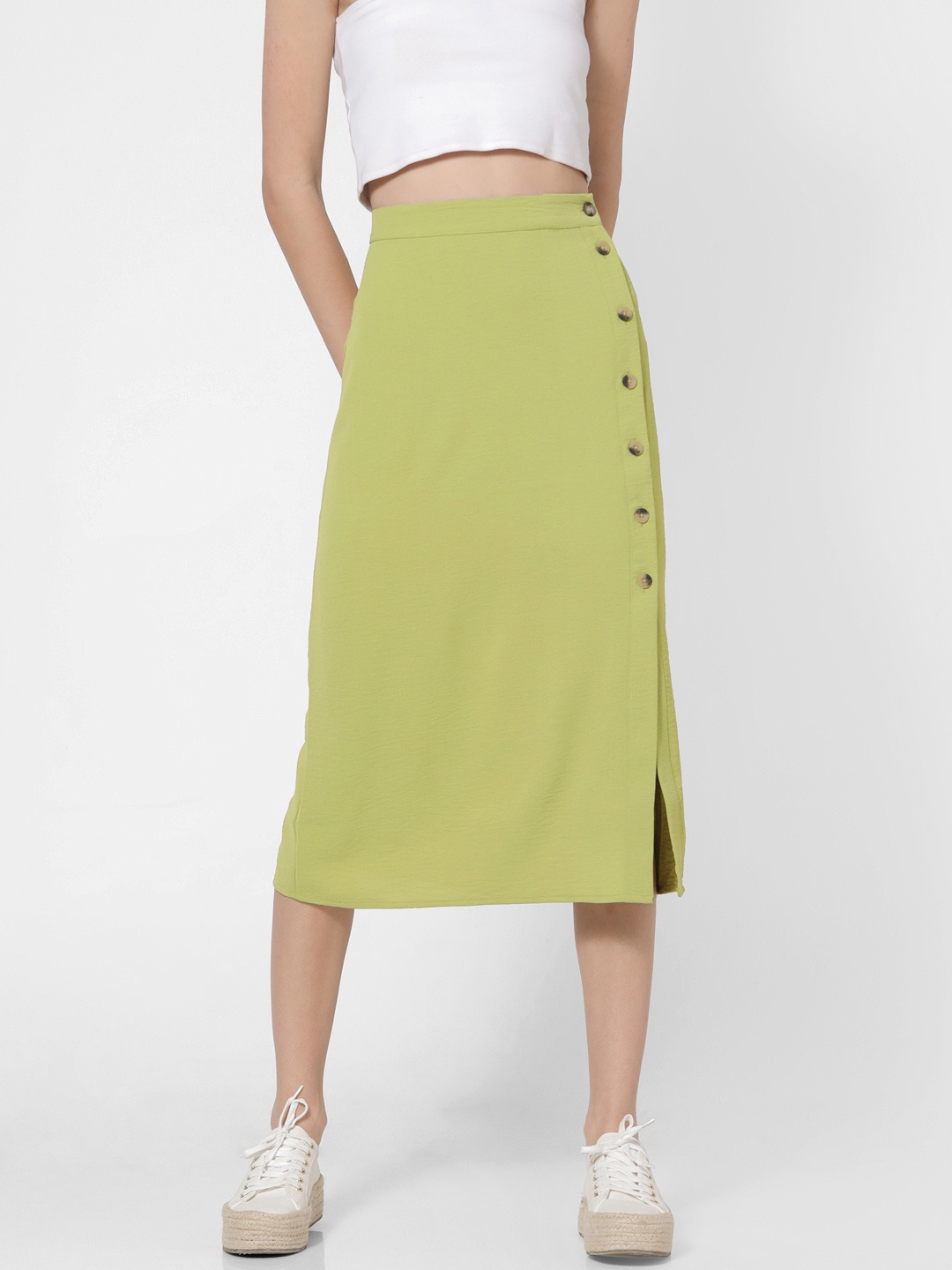 

ONLY Women Green Solid A-line Midi Skirt