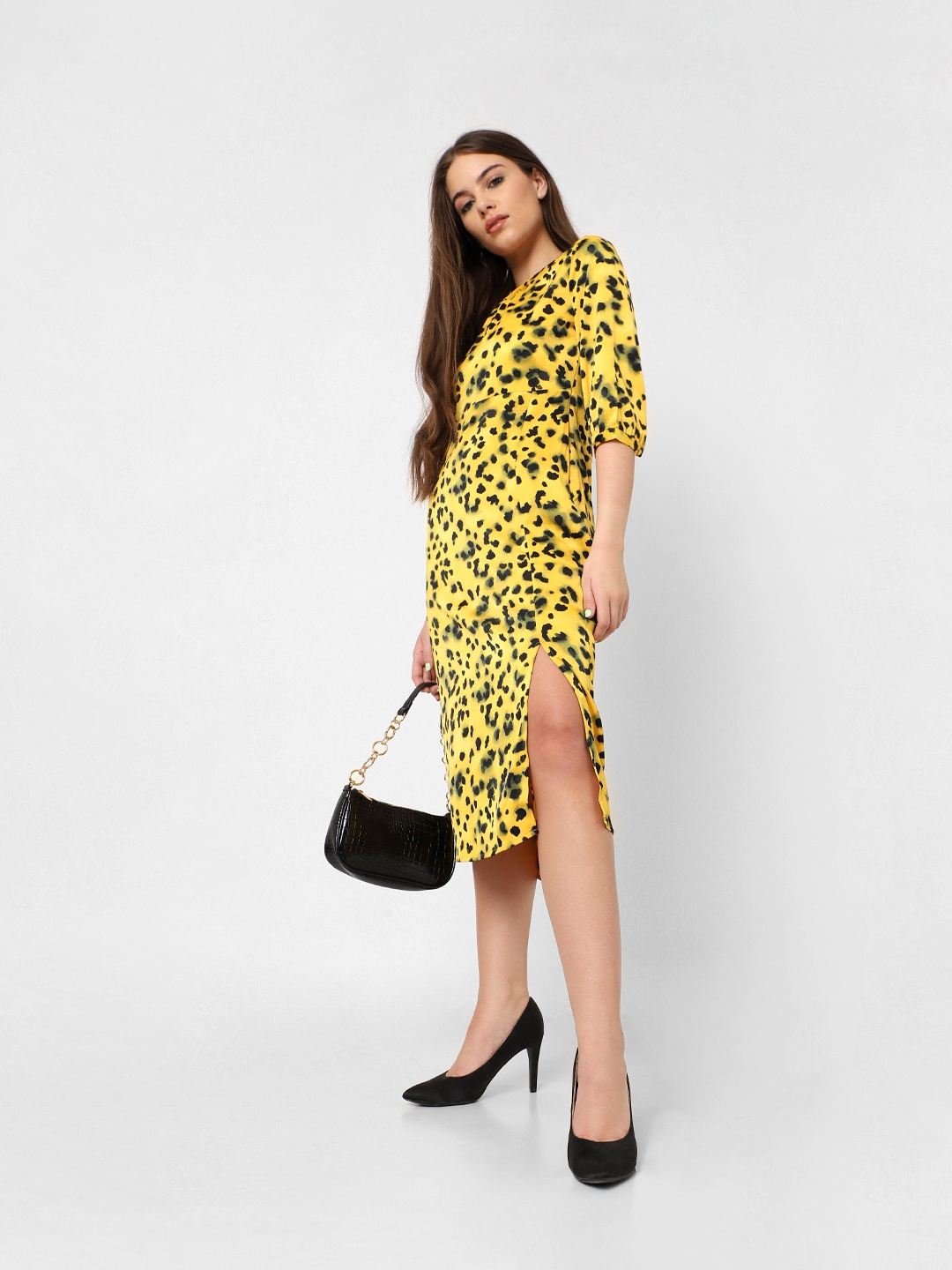 

ONLY Yellow & Black Animal Midi Dress