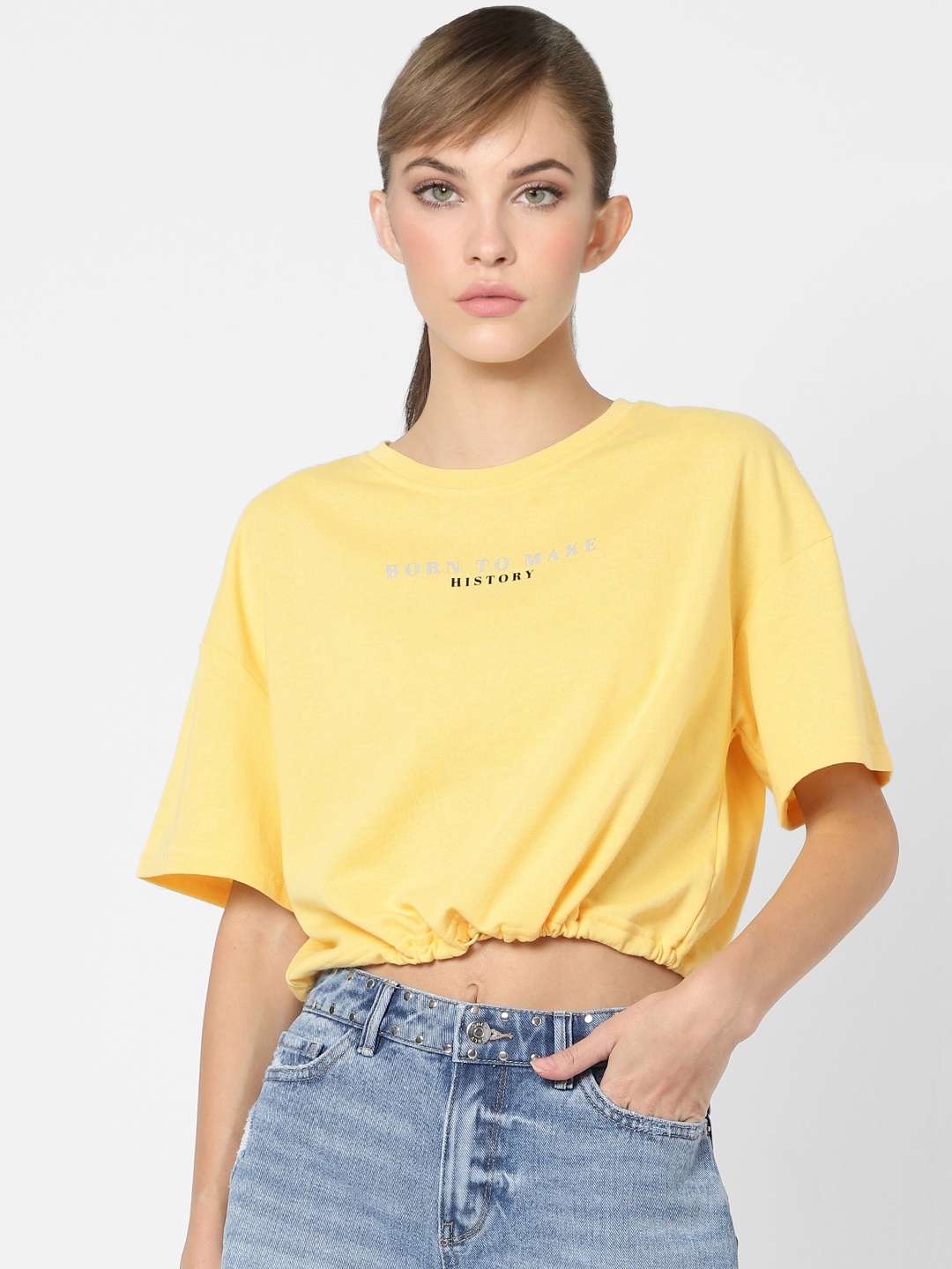 

ONLY Women Yellow Typography Printed Drop-Shoulder Sleeves Toggle Hem Crop T-shirt