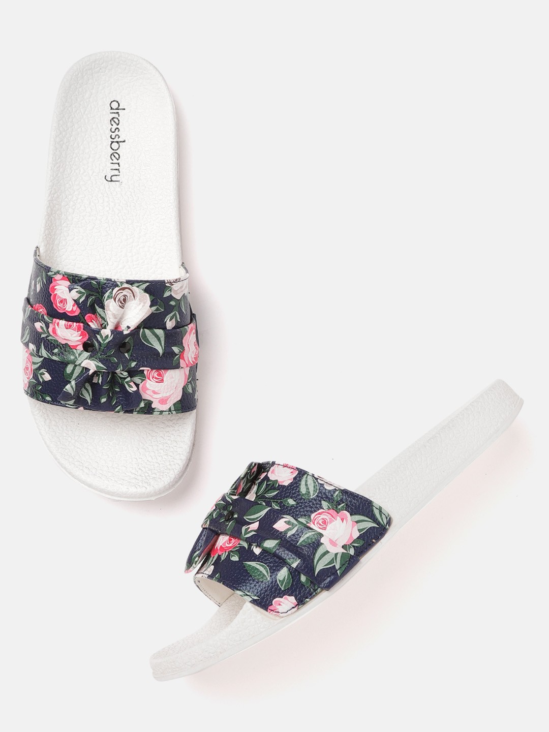 

DressBerry Women Navy Blue & Pink Floral Printed Flip Flops with Bow Detail