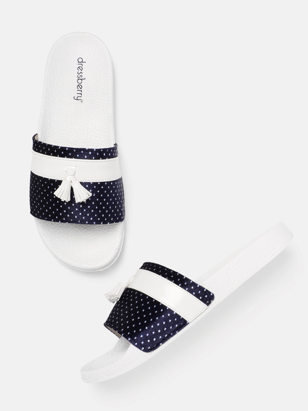 

DressBerry Women Navy Blue & White Dot Print Flip Flops with Tassels Detail