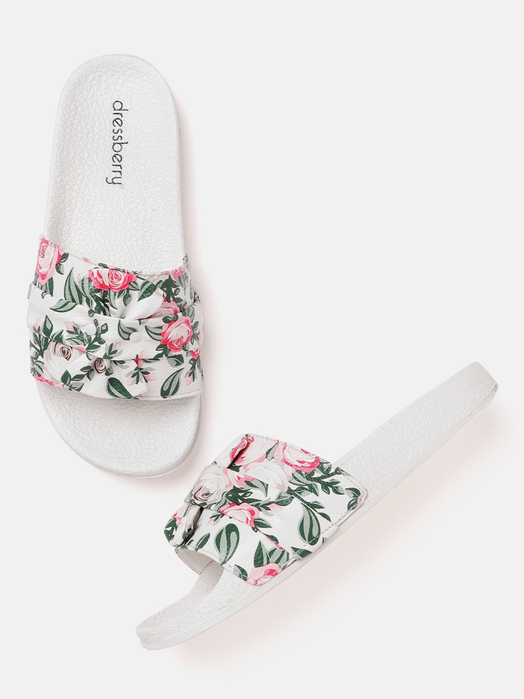 

DressBerry Women White & Pink Floral Printed Flip Flops with Bow Detail